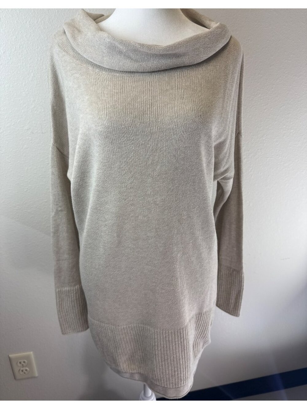 Pure J Jill Sweater Medium Beige Cowl Neck Cotton Wool Oatmeal Tunic Top Casual
